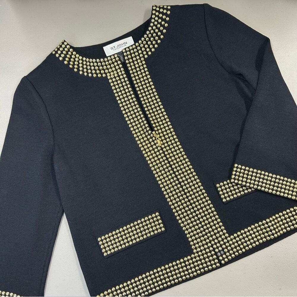 St John Black Knits Flint Santana Gold Studded Topper Blazer Jacket Size 4